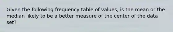 Given the following frequency table of values, is the mean or the median likely to be a better measure of the center of the data set?