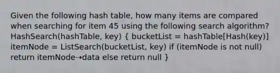 Given the following hash table, how many items are compared when searching for item 45 using the following search algorithm? HashSearch(hashTable, key) ( bucketList = hashTable[Hash(key)] itemNode = ListSearch(bucketList, key) if (itemNode is not null) return itemNode⇢data else return null )