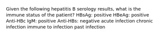 Given the following hepatitis B serology results, what is the immune status of the patient? HBsAg: positive HBeAg: positive Anti-HBc IgM: positive Anti-HBs: negative acute infection chronic infection immune to infection past infection