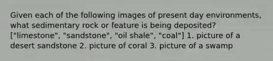 Given each of the following images of present day environments, what sedimentary rock or feature is being deposited? ["limestone", "sandstone", "oil shale", "coal"] 1. picture of a desert sandstone 2. picture of coral 3. picture of a swamp