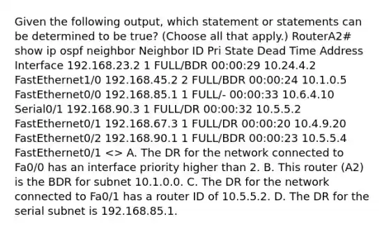 Given the following output, which statement or statements can be determined to be true? (Choose all that apply.) RouterA2# show ip ospf neighbor Neighbor ID Pri State Dead Time Address Interface 192.168.23.2 1 FULL/BDR 00:00:29 10.24.4.2 FastEthernet1/0 192.168.45.2 2 FULL/BDR 00:00:24 10.1.0.5 FastEthernet0/0 192.168.85.1 1 FULL/- 00:00:33 10.6.4.10 Serial0/1 192.168.90.3 1 FULL/DR 00:00:32 10.5.5.2 FastEthernet0/1 192.168.67.3 1 FULL/DR 00:00:20 10.4.9.20 FastEthernet0/2 192.168.90.1 1 FULL/BDR 00:00:23 10.5.5.4 FastEthernet0/1 > A. The DR for the network connected to Fa0/0 has an interface priority higher than 2. B. This router (A2) is the BDR for subnet 10.1.0.0. C. The DR for the network connected to Fa0/1 has a router ID of 10.5.5.2. D. The DR for the serial subnet is 192.168.85.1.