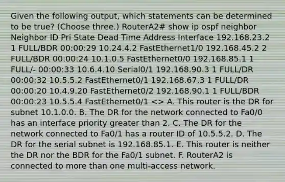 Given the following output, which statements can be determined to be true? (Choose three.) RouterA2# show ip ospf neighbor Neighbor ID Pri State Dead Time Address Interface 192.168.23.2 1 FULL/BDR 00:00:29 10.24.4.2 FastEthernet1/0 192.168.45.2 2 FULL/BDR 00:00:24 10.1.0.5 FastEthernet0/0 192.168.85.1 1 FULL/- 00:00:33 10.6.4.10 Serial0/1 192.168.90.3 1 FULL/DR 00:00:32 10.5.5.2 FastEthernet0/1 192.168.67.3 1 FULL/DR 00:00:20 10.4.9.20 FastEthernet0/2 192.168.90.1 1 FULL/BDR 00:00:23 10.5.5.4 FastEthernet0/1 > A. This router is the DR for subnet 10.1.0.0. B. The DR for the network connected to Fa0/0 has an interface priority greater than 2. C. The DR for the network connected to Fa0/1 has a router ID of 10.5.5.2. D. The DR for the serial subnet is 192.168.85.1. E. This router is neither the DR nor the BDR for the Fa0/1 subnet. F. RouterA2 is connected to more than one multi-access network.