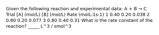 Given the following reaction and experimental data: A + B → C Trial [A] (mol/L) [B] (mol/L) Rate (molL-1s-1) 1 0.40 0.20 0.038 2 0.80 0.20 0.077 3 0.80 0.40 0.31 What is the rate constant of the reaction? _____ L^3 / smol^3