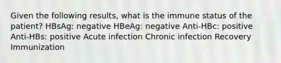 Given the following results, what is the immune status of the patient? HBsAg: negative HBeAg: negative Anti-HBc: positive Anti-HBs: positive Acute infection Chronic infection Recovery Immunization