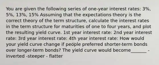 You are given the following series of​ one-year interest​ rates: 3​%, 5​%, 13​%, 15​% Assuming that the expectations theory is the correct theory of the term​ structure, calculate the interest rates in the term structure for maturities of one to four​ years, and plot the resulting yield curve. 1st year interest rate: 2nd year interest rate: 3rd year interest rate: 4th year interest rate: How would your yield curve change if people preferred​ shorter-term bonds over​ longer-term bonds? The yield curve would become_______ -inverted -steeper - flatter