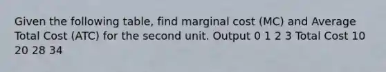 Given the following table, find marginal cost (MC) and Average Total Cost (ATC) for the second unit. Output 0 1 2 3 Total Cost 10 20 28 34