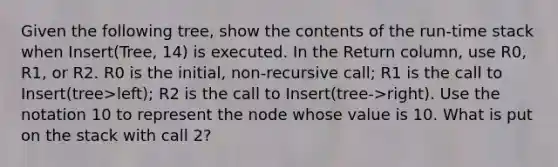 Given the following tree, show the contents of the run-time stack when Insert(Tree, 14) is executed. In the Return column, use R0, R1, or R2. R0 is the initial, non-recursive call; R1 is the call to Insert(tree>left); R2 is the call to Insert(tree->right). Use the notation 10 to represent the node whose value is 10. What is put on the stack with call 2?