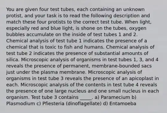 You are given four test tubes, each containing an unknown protist, and your task is to read the following description and match these four protists to the correct test tube. When light, especially red and blue light, is shone on the tubes, oxygen bubbles accumulate on the inside of test tubes 1 and 2. Chemical analysis of test tube 1 indicates the presence of a chemical that is toxic to fish and humans. Chemical analysis of test tube 2 indicates the presence of substantial amounts of silica. Microscopic analysis of organisms in test tubes 1, 3, and 4 reveals the presence of permanent, membrane-bounded sacs just under the plasma membrane. Microscopic analysis of organisms in test tube 3 reveals the presence of an apicoplast in each. Microscopic analysis of the contents in test tube 4 reveals the presence of one large nucleus and one small nucleus in each organism. Test tube 3 contains _____. a) Paramecium b) Plasmodium c) Pfiesteria (dinoflagellate) d) Entamoeba