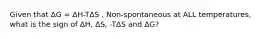 Given that ΔG = ΔH-TΔS , Non-spontaneous at ALL temperatures, what is the sign of ΔH, ΔS, -TΔS and ΔG?