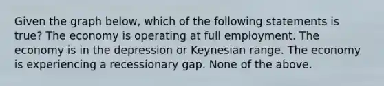 Given the graph below, which of the following statements is true? The economy is operating at full employment. The economy is in the depression or Keynesian range. The economy is experiencing a recessionary gap. None of the above.