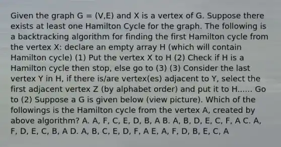 Given the graph G = (V,E) and X is a vertex of G. Suppose there exists at least one Hamilton Cycle for the graph. The following is a backtracking algorithm for finding the first Hamilton cycle from the vertex X: declare an empty array H (which will contain Hamilton cycle) (1) Put the vertex X to H (2) Check if H is a Hamilton cycle then stop, else go to (3) (3) Consider the last vertex Y in H, if there is/are vertex(es) adjacent to Y, select the first adjacent vertex Z (by alphabet order) and put it to H...... Go to (2) Suppose a G is given below (view picture). Which of the followings is the Hamilton cycle from the vertex A, created by above algorithm? A. A, F, C, E, D, B, A B. A, B, D, E, C, F, A C. A, F, D, E, C, B, A D. A, B, C, E, D, F, A E, A, F, D, B, E, C, A