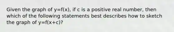 Given the graph of y=f(x), if c is a positive real number, then which of the following statements best describes how to sketch the graph of y=f(x+c)?