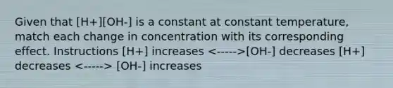 Given that [H+][OH-] is a constant at constant temperature, match each change in concentration with its corresponding effect. Instructions [H+] increases [OH-] decreases [H+] decreases [OH-] increases