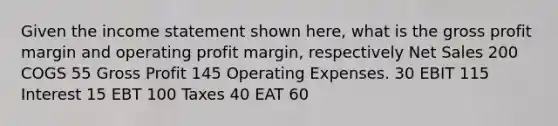 Given the income statement shown here, what is the gross profit margin and operating profit margin, respectively Net Sales 200 COGS 55 Gross Profit 145 Operating Expenses. 30 EBIT 115 Interest 15 EBT 100 Taxes 40 EAT 60