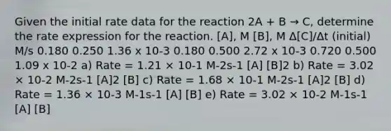 Given the initial rate data for the reaction 2A + B → C, determine the rate expression for the reaction. [A], M [B], M Δ[C]/Δt (initial) M/s 0.180 0.250 1.36 x 10-3 0.180 0.500 2.72 x 10-3 0.720 0.500 1.09 x 10-2 a) Rate = 1.21 × 10-1 M-2s-1 [A] [B]2 b) Rate = 3.02 × 10-2 M-2s-1 [A]2 [B] c) Rate = 1.68 × 10-1 M-2s-1 [A]2 [B] d) Rate = 1.36 × 10-3 M-1s-1 [A] [B] e) Rate = 3.02 × 10-2 M-1s-1 [A] [B]