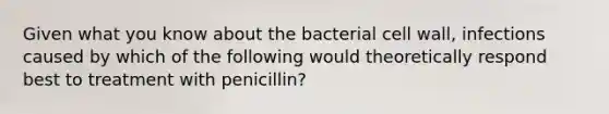 Given what you know about the bacterial cell wall, infections caused by which of the following would theoretically respond best to treatment with penicillin?