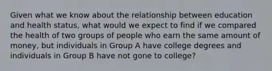 Given what we know about the relationship between education and health status, what would we expect to find if we compared the health of two groups of people who earn the same amount of money, but individuals in Group A have college degrees and individuals in Group B have not gone to college?