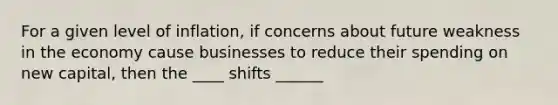 For a given level of inflation, if concerns about future weakness in the economy cause businesses to reduce their spending on new capital, then the ____ shifts ______