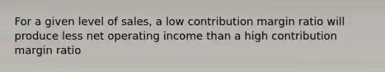 For a given level of sales, a low contribution margin ratio will produce less net operating income than a high contribution margin ratio