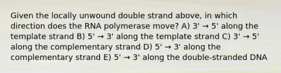 Given the locally unwound double strand above, in which direction does the RNA polymerase move? A) 3' → 5' along the template strand B) 5' → 3' along the template strand C) 3' → 5' along the complementary strand D) 5' → 3' along the complementary strand E) 5' → 3' along the double-stranded DNA