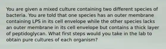 You are given a mixed culture containing two different species of bacteria. You are told that one species has an outer membrane containing LPS in its cell envelope while the other species lacks an outer membrane in its cell envelope but contains a thick layer of peptidoglycan. What first steps would you take in the lab to obtain pure cultures of each organism?