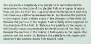 You are given a negatively charged particle and instructed to determine the direction of the electric field in a region of space. How can you do this? You may only observe the particle and may not make any additional measurements. (a) Release the particle in the region, it will initially move in the direction of the field. (b) Release the particle in the region, it will initially move opposite to the direction of the field. (c) Release the particle in the region, it will initially move perpendicular to the direction of the field. (d) Release the particle in the region, if field exists in the region, the particle will not move. (e) Release the particle in the region and observe if the particle draws field toward itself.