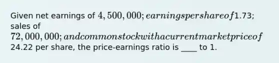 Given net earnings of 4,500,000; earnings per share of1.73; sales of 72,000,000; and common stock with a current market price of24.22 per share, the price-earnings ratio is ____ to 1.