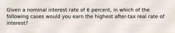 Given a nominal interest rate of 6 percent, in which of the following cases would you earn the highest after-tax real rate of interest?