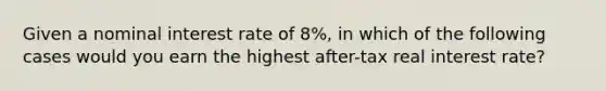 Given a nominal interest rate of 8%, in which of the following cases would you earn the highest after-tax real interest rate?