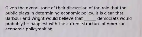 Given the overall tone of their discussion of the role that the public plays in determining economic policy, it is clear that Barbour and Wright would believe that ______ democrats would probably be happiest with the current structure of American economic policymaking.