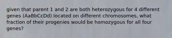 given that parent 1 and 2 are both heterozygous for 4 different genes (AaBbCcDd) located on different chromosomes, what fraction of their progenies would be homozygous for all four genes?