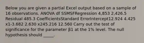 Below you are given a partial Excel output based on a sample of 16 observations. ANOVA df SSMSFRegression 4,853 2,426.5 Residual 485.3 CoefficientsStandard ErrorIntercept12.924 4.425 x1-3.682 2.630 x245.216 12.560 Carry out the test of significance for the parameter β1 at the 1% level. The null hypothesis should _____.