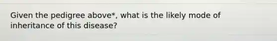 Given the pedigree above*, what is the likely mode of inheritance of this disease?