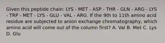 Given this peptide chain: LYS - MET - ASP - THR - GLN - ARG - LYS - TRP - MET - LYS - GLU - VAL - ARG. If the 9th to 11th amino acid residue are subjected to anion exchange chromatography, which amino acid will come out of the column first? A. Val B. Met C. Lys D. Glu