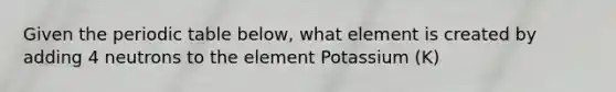 Given the periodic table below, what element is created by adding 4 neutrons to the element Potassium (K)