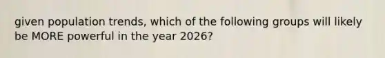 given population trends, which of the following groups will likely be MORE powerful in the year 2026?