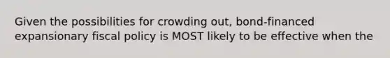 Given the possibilities for crowding out, bond-financed expansionary fiscal policy is MOST likely to be effective when the