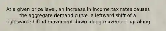 At a given price level, an increase in income tax rates causes _____ the aggregate demand curve. a leftward shift of a rightward shift of movement down along movement up along