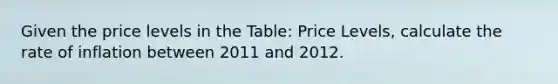 Given the price levels in the Table: Price Levels, calculate the rate of inflation between 2011 and 2012.