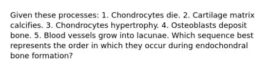 Given these processes: 1. Chondrocytes die. 2. Cartilage matrix calcifies. 3. Chondrocytes hypertrophy. 4. Osteoblasts deposit bone. 5. Blood vessels grow into lacunae. Which sequence best represents the order in which they occur during endochondral bone formation?