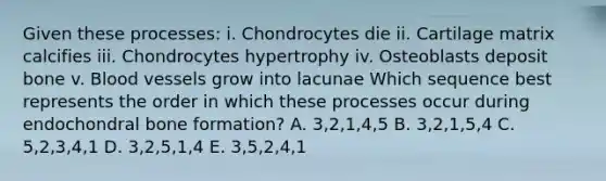 Given these processes: i. Chondrocytes die ii. Cartilage matrix calcifies iii. Chondrocytes hypertrophy iv. Osteoblasts deposit bone v. <a href='https://www.questionai.com/knowledge/kZJ3mNKN7P-blood-vessels' class='anchor-knowledge'>blood vessels</a> grow into lacunae Which sequence best represents the order in which these processes occur during endochondral bone formation? A. 3,2,1,4,5 B. 3,2,1,5,4 C. 5,2,3,4,1 D. 3,2,5,1,4 E. 3,5,2,4,1