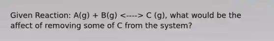 Given Reaction: A(g) + B(g) C (g), what would be the affect of removing some of C from the system?