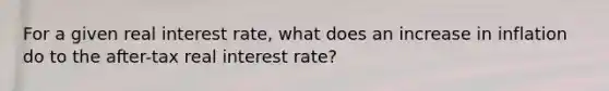 For a given real interest rate, what does an increase in inflation do to the after-tax real interest rate?