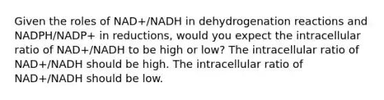 Given the roles of NAD+/NADH in dehydrogenation reactions and NADPH/NADP+ in reductions, would you expect the intracellular ratio of NAD+/NADH to be high or low? The intracellular ratio of NAD+/NADH should be high. The intracellular ratio of NAD+/NADH should be low.