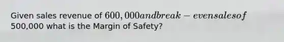 Given sales revenue of 600,000 and break-even sales of500,000 what is the Margin of Safety?