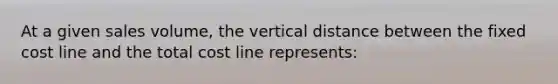 At a given sales volume, the vertical distance between the fixed cost line and the total cost line represents: