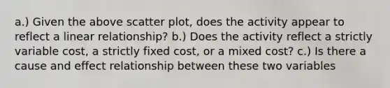 a.) Given the above scatter plot, does the activity appear to reflect a linear relationship? b.) Does the activity reflect a strictly variable cost, a strictly fixed cost, or a mixed cost? c.) Is there a cause and effect relationship between these two variables