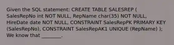 Given the SQL statement: CREATE TABLE SALESREP ( SalesRepNo int NOT NULL, RepName char(35) NOT NULL, HireDate date NOT NULL, CONSTRAINT SalesRepPK PRIMARY KEY (SalesRepNo), CONSTRAINT SalesRepAK1 UNIQUE (RepName) ); We know that ________.