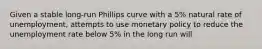 Given a stable long-run Phillips curve with a 5% natural rate of unemployment, attempts to use monetary policy to reduce the unemployment rate below 5% in the long run will