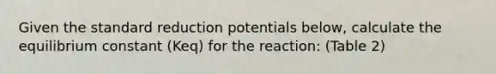 Given the standard reduction potentials below, calculate the equilibrium constant (Keq) for the reaction: (Table 2)